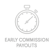 A white  stop watch icon svg thin white lines only no fill delicate luxury feel Text below the image EARLY COMMISSION PAYOUTs the text font needs to b-1